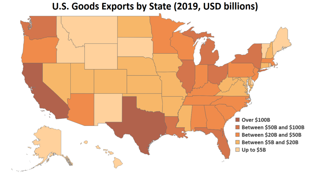 A heat map of the U.S. showing the relative amount of good exports from each state with Texas and California being the largest.